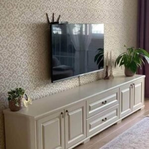 Elegant Beige Wooden TV Console – Classical Low-Profile Media Cabinet with Paneled Doors & Drawers