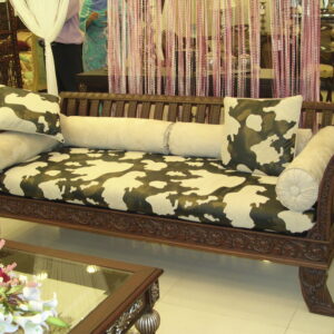 Carved Wood Daybed Sofa with Camouflage Print Cushions and Bolster Pillows