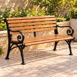 Rosvano Outdoor Bench with Wooden Slatted Seat, Decorative Black Metal Frame and Curved Scroll Armrests