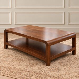 Serene Oak Center Table with Rich Wood-Grain Finish, Smooth Curved Edges and Spacious Lower Storage Shelf