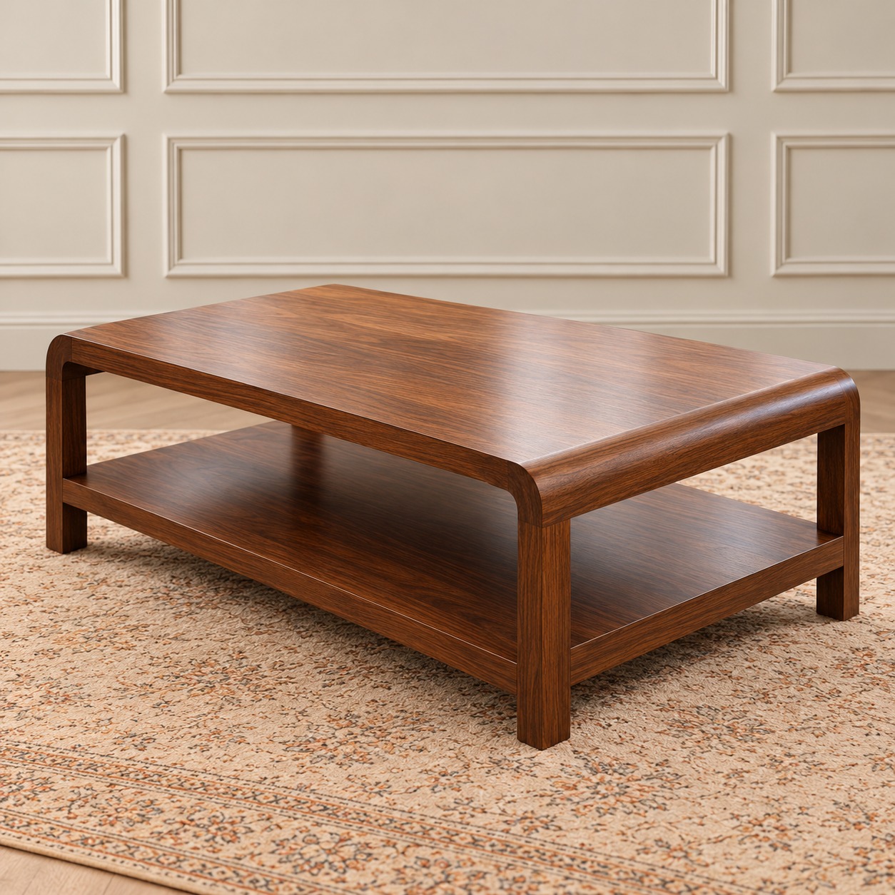 Serene Oak Center Table with Rich Wood-Grain Finish, Smooth Curved Edges and Spacious Lower Storage Shelf