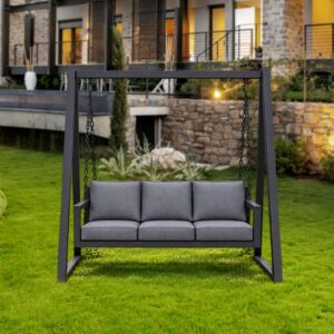 Solara Outdoor Swing with Charcoal Metal Frame, Three-Seater Cushions and Modern Garden Design