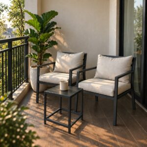 Urban Balcony Chair Set with Black Metal Frames, Cream Cushions and Matching Square Coffee Table