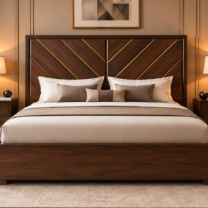 Geometric Wooden Bed Set – Rich Walnut Finish with Chevron Headboard and Gold Accents