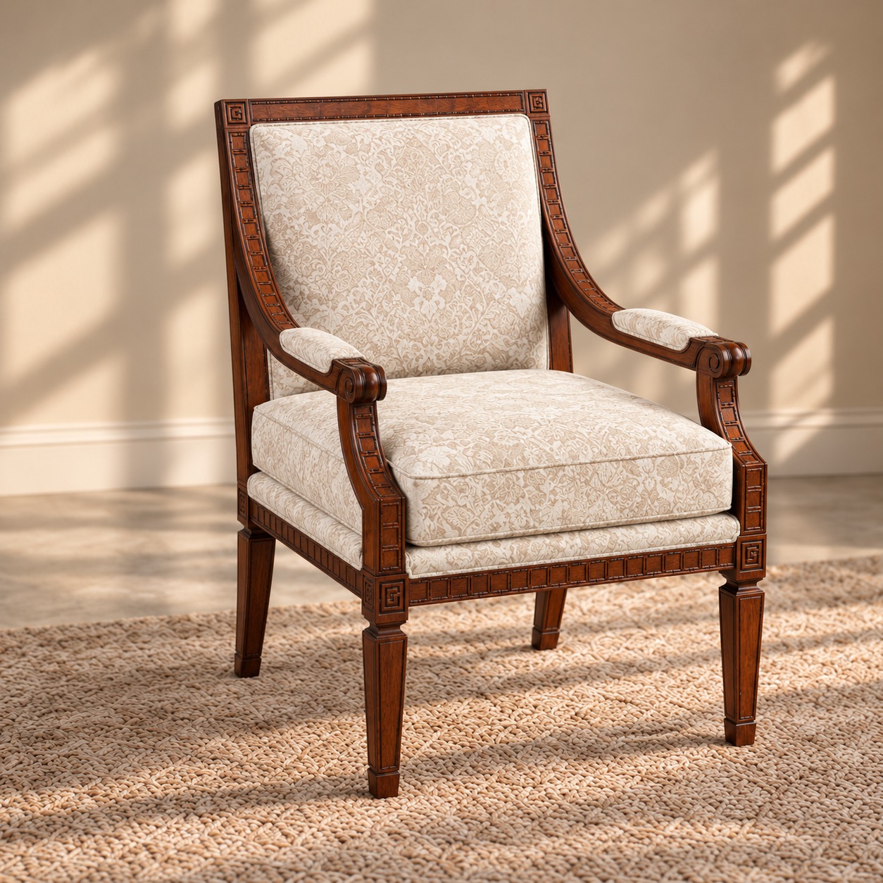 Ivory Heritage Classic Armchair with Carved Walnut Wooden Frame, Floral Upholstery and Elegant Curved Armrests