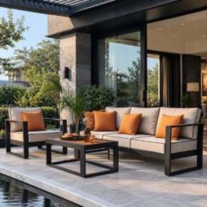 Modern Outdoor Sofa Set with Black Metal Frame, Cream Cushions and Matching Coffee Table