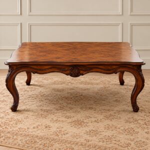 Verona Curve Classic Wooden Center Table with Rich Walnut Finish, Ornate Carved Detailing and Elegant Curved Legs