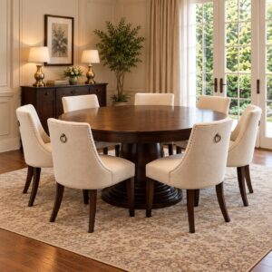 The Orlano Luxury 7-Seater Dining Set with Dark Walnut Round Table, Cream Upholstered Chairs and Elegant Pedestal Base