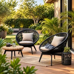 Outdoor Lounge Chair with Coffee Table in Black Woven Finish with Cushioned Seating