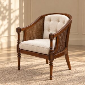 Cane Embrace Classic Accent Chair with Woven Cane Sides, Walnut Wooden Frame and Cream Tufted Upholstery