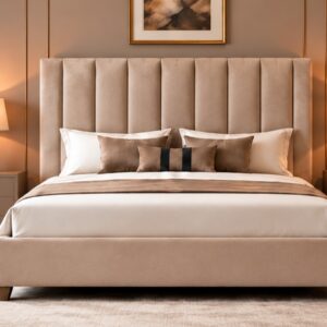 Modern Luxe Upholstered Bed Set – Soft Beige Finish with Tall Vertical Panel Headboard