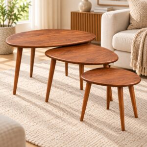 Orbena Modern Wooden Nesting Tables – Set of 3 with Oval Walnut Tops and Tapered Wooden Legs