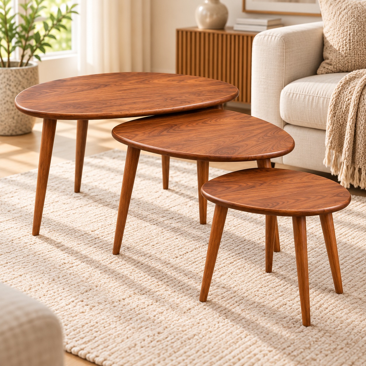 Orbena Modern Wooden Nesting Tables – Set of 3 with Oval Walnut Tops and Tapered Wooden Legs
