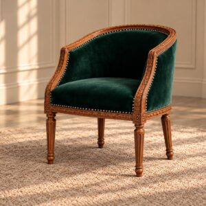 Emerald Crest Accent Chair with Deep Green Velvet Upholstery, Carved Wooden Frame and Brass Stud Detailing