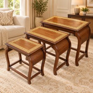 Helios Classic Wooden Nesting Tables – Set of 3 with Greek Key Inlay and Warm Walnut Finish