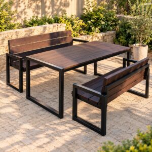 Cadenza Outdoor Bench Dining Set with Dark Wooden Slatted Seating, Black Metal Frames and Matching Rectangular Table