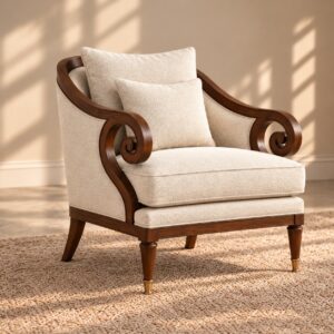 Regal Swirl Luxury Accent Chair with Cream Upholstery, Sculpted Walnut Wooden Armrests and Elegant Gold-Tipped Legs