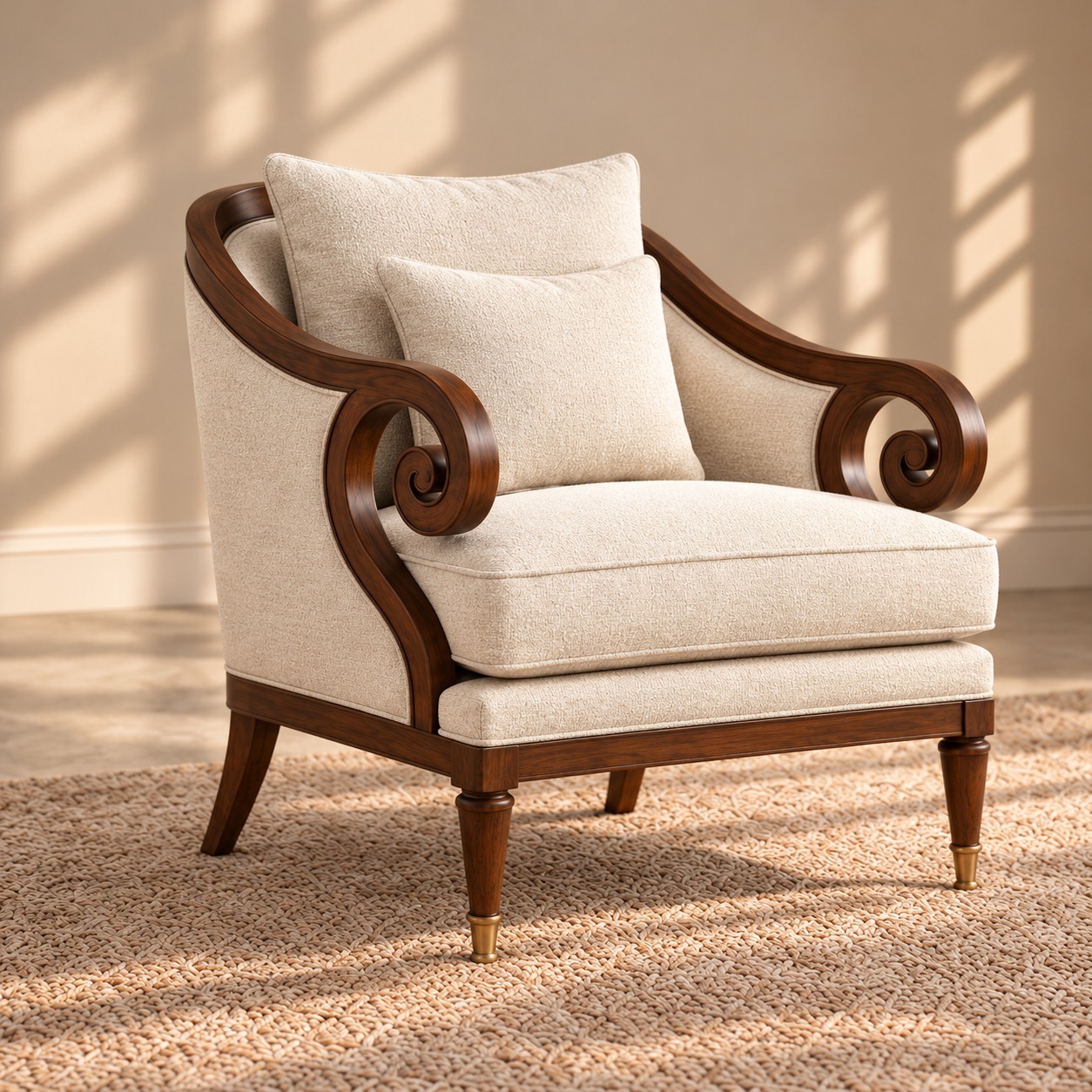 Regal Swirl Luxury Accent Chair with Cream Upholstery, Sculpted Walnut Wooden Armrests and Elegant Gold-Tipped Legs