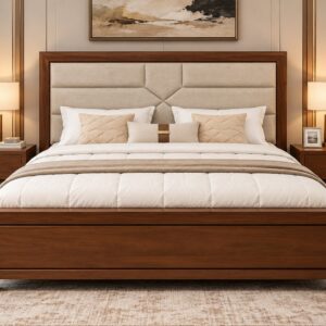 Ivory Forme Luxury Bed Set with Beige Upholstered Geometric Headboard, Rich Walnut Wooden Frame and Matching Bedside Tables