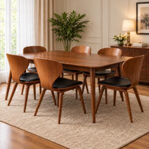 Solvano Modern 6-Seater Dining Set with Rich Walnut Finish, Curved Wooden Chairs and Black Cushioned Seats