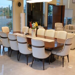 Royal Dining Table Set with Polished Wooden Top and Elegant Upholstered Chairs