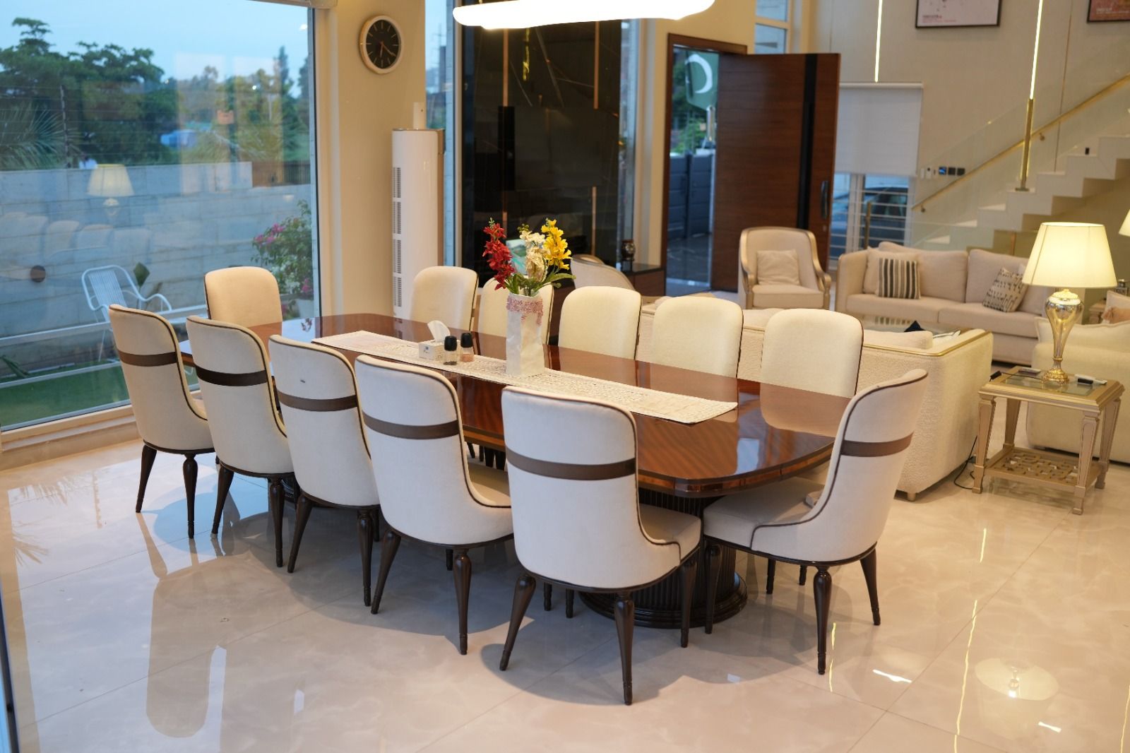 Royal Dining Table Set with Polished Wooden Top and Elegant Upholstered Chairs