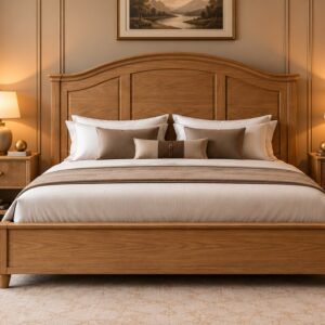 Natural Oak Wooden Bed Set – Warm Oak Finish with Elegant Curved Headboard Design