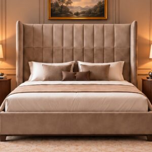 Velvet Wing Upholstered Bed Set – Elegant Taupe Velvet-Look Finish with Wingback Headboard and Fluted Wooden Bedside Tables