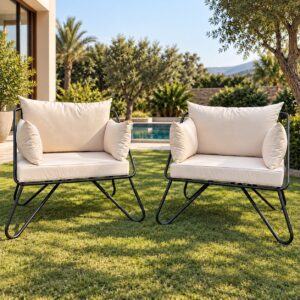Outdoor Lounge Chair Set with Cream Cushions and Black Metal Frame for Modern Outdoor Spaces