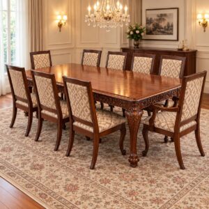 Regalia Luxury 9-Seater Dining Set with Rich Walnut Finish, Ornately Carved Rectangular Table and Elegant Floral Upholstered Chairs