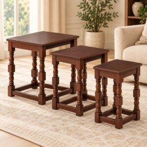 Bristol Classic Wooden Nesting Tables – Set of 3 with Rich Walnut Finish and Traditional Turned Legs