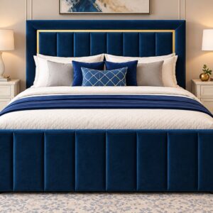 Cobalt Majesty Luxury Bed Set with Royal Blue Velvet Upholstery, Gold Accents, Vertical Channel Headboard and Cream Bedside Tables