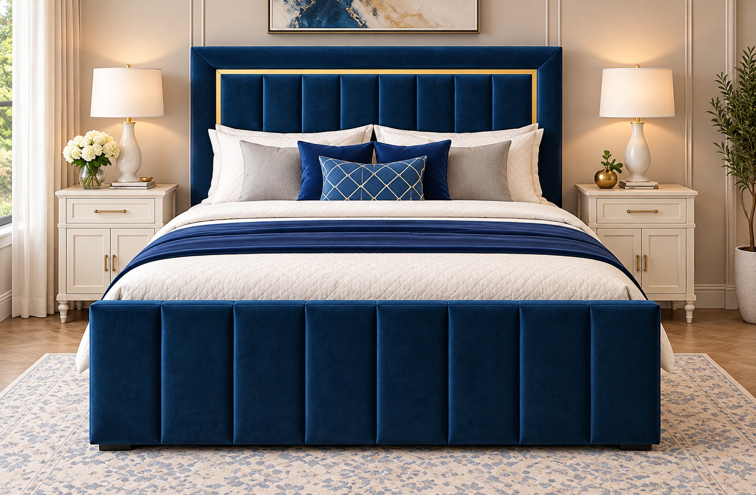 Cobalt Majesty Luxury Bed Set with Royal Blue Velvet Upholstery, Gold Accents, Vertical Channel Headboard and Cream Bedside Tables
