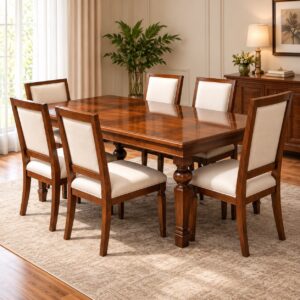 Aurelia Classic 6-Seater Dining Set with Polished Walnut Rectangular Table, Cream Upholstered Chairs and Elegant Turned Wooden Legs