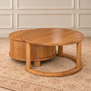 Rediant Oak Center Table with Natural Wood Finish, Round Tabletops and Elegant Fluted Base Design