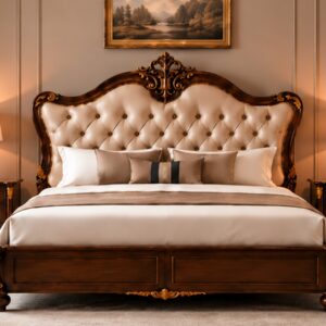 Royal Heritage Classic Wooden Bed Set – Rich Walnut Finish with Diamond-Tufted Headboard and Golden Carved Detailing