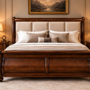 Classic Wooden Sleigh Bed Set – Rich Walnut Finish with Beige Upholstered Headboard