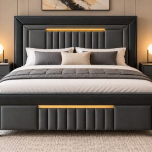 Onyx Regent Luxury Bed Set with Charcoal Black Upholstered Headboard, Vertical Channel Detailing, Gold Accents and Matching Bedside Tables
