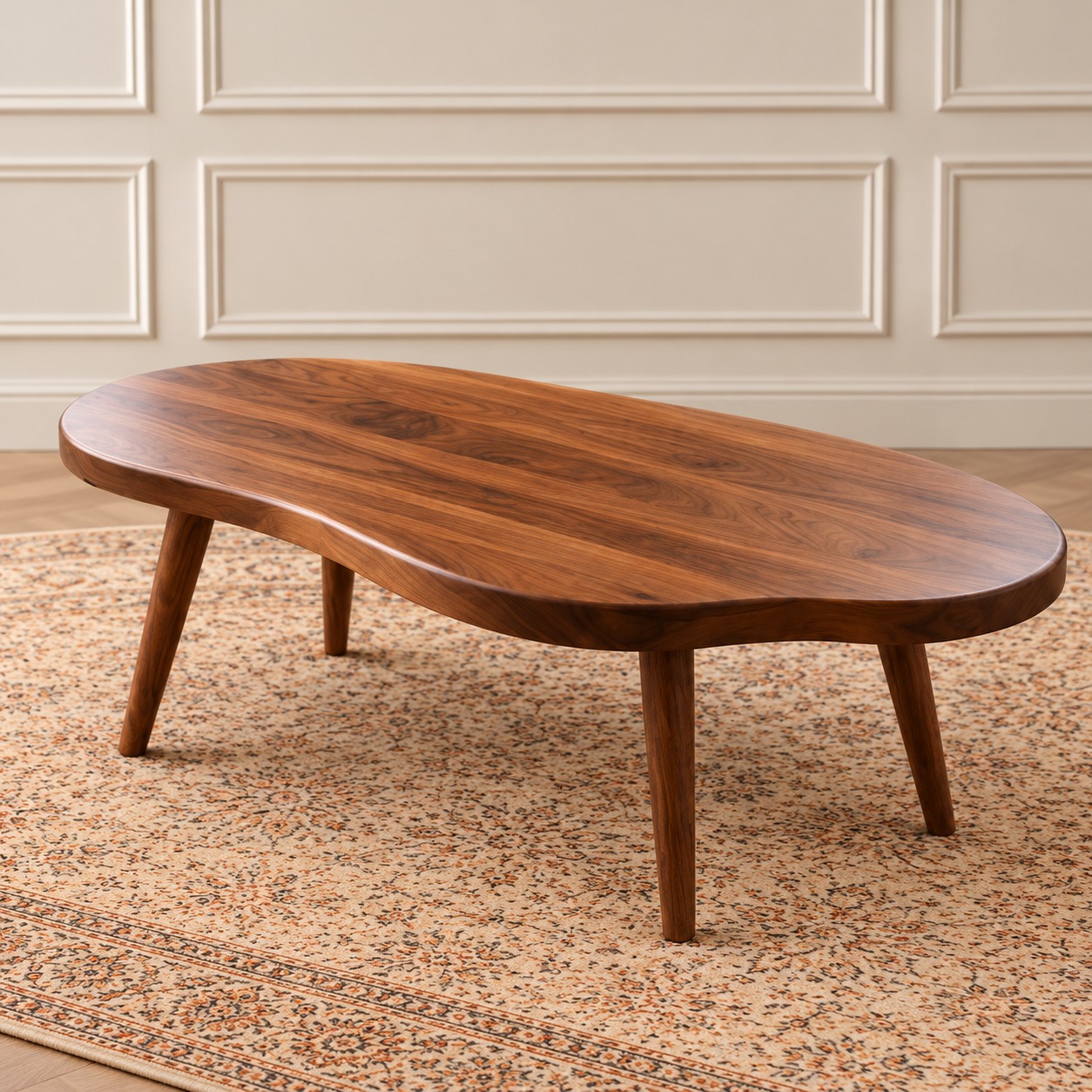 Natura Curve Center Table with Organic Oval Wooden Top, Rich Walnut Finish and Elegant Tapered Legs