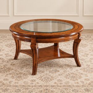 Regal Glass Round Center Table with Rich Walnut Finish, Elegant Curved Wooden Legs and Lower Storage Shelf
