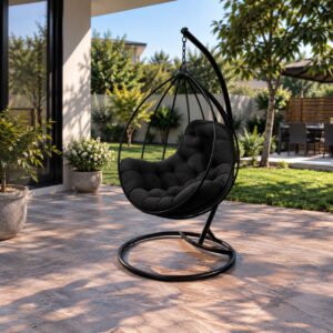 Hanging Egg Chair with Black Metal Frame, Freestanding Base and Plush Cushioned Seating