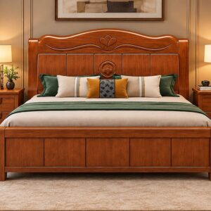 Royal Creast Wooden Bed Set – Elegant Walnut Finish with Classic Floral Carved Detailing