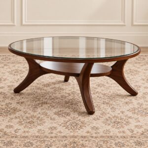 Aurora Walnut Glass Oval Table with Elegant Curved Wooden Legs, Clear Glass Top and Lower Display Shelf