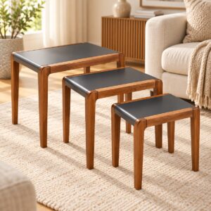 Arden Modern Wooden Nesting Tables – Set of 3 with Matte Black Tops and Warm Brown Finish
