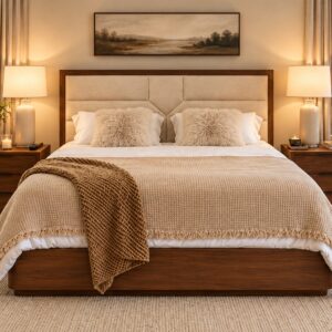 Serene Dune Luxury Bed Set with Beige Upholstered Geometric Headboard, Rich Walnut Wooden Frame and Matching Bedside Tables