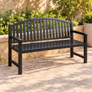 Arbello Modern Outdoor Metal Bench with Elegant Arched Backrest, Vertical Slats and Matte Black Finish