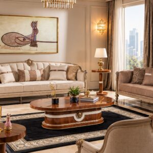Royal Heritage Classic Sofa Set – Elegant Cream and Taupe Upholstery with Ornate Carved Detailing
