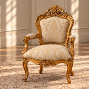 Gilded Empress Luxury Accent Chair with Ornate Gold Carved Frame, Floral Upholstery and Elegant Curved Legs