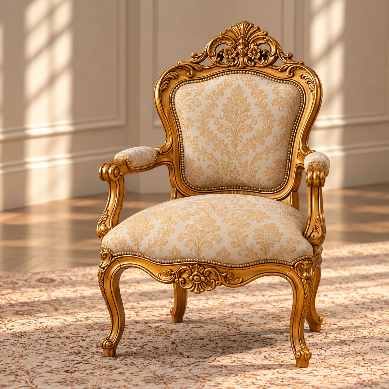 Gilded Empress Luxury Accent Chair with Ornate Gold Carved Frame, Floral Upholstery and Elegant Curved Legs