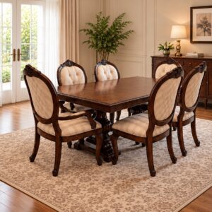 Solvara Classic 6-Seater Dining Set with Polished Walnut Oval Table, Carved Pedestal Base and Patterned Upholstered Chairs